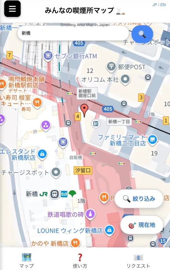 新橋駅東口から、エクセルシオールカフェ ウィング新橋への最短ルートマップ。線で視覚的にわかりやすく表示